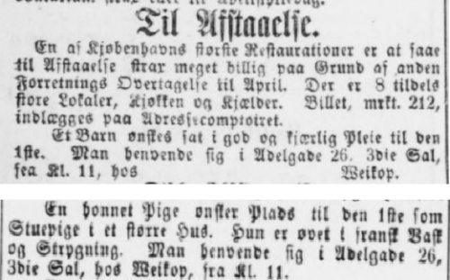 20. dec 1883 2 annoncer i Adresseavisen , side 3 og 6, fra Ferdinand og Emilie Weikop